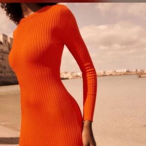 Zara Vibrant Orange Ribbed Knit Dress